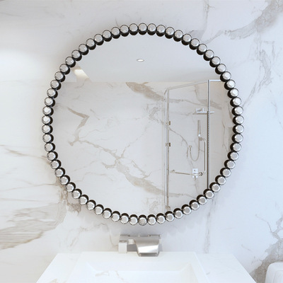 Luxury gold black metal frame crystal diamond design decorative bathroom wall bath round glass mirror