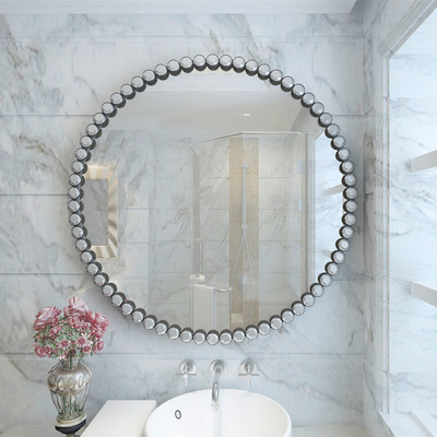 Luxury gold black metal frame crystal diamond design decorative bathroom wall bath round glass mirror