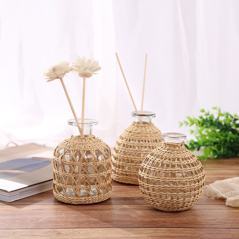 Rustic handmade nature rattan decor table small glass mini crystal hydroponics flower pot plant vase