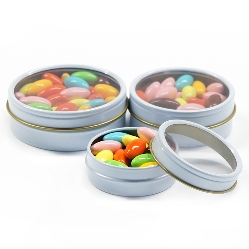 Plain White Shallow Round Small Tin Can for Jerry Cookies Cake with Plastic Window Lid Home Decor Mini Tin Box for Packing