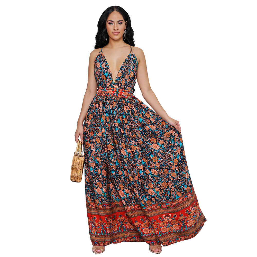 European and American Women's Fashion Sexy V-neck Sling Flower Dress Women's Long Dress