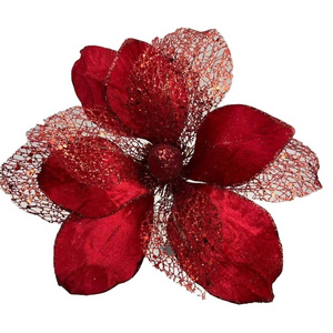 Silver artificial flower red glitter velvet magnolia flower christmas poinsettia floral picks