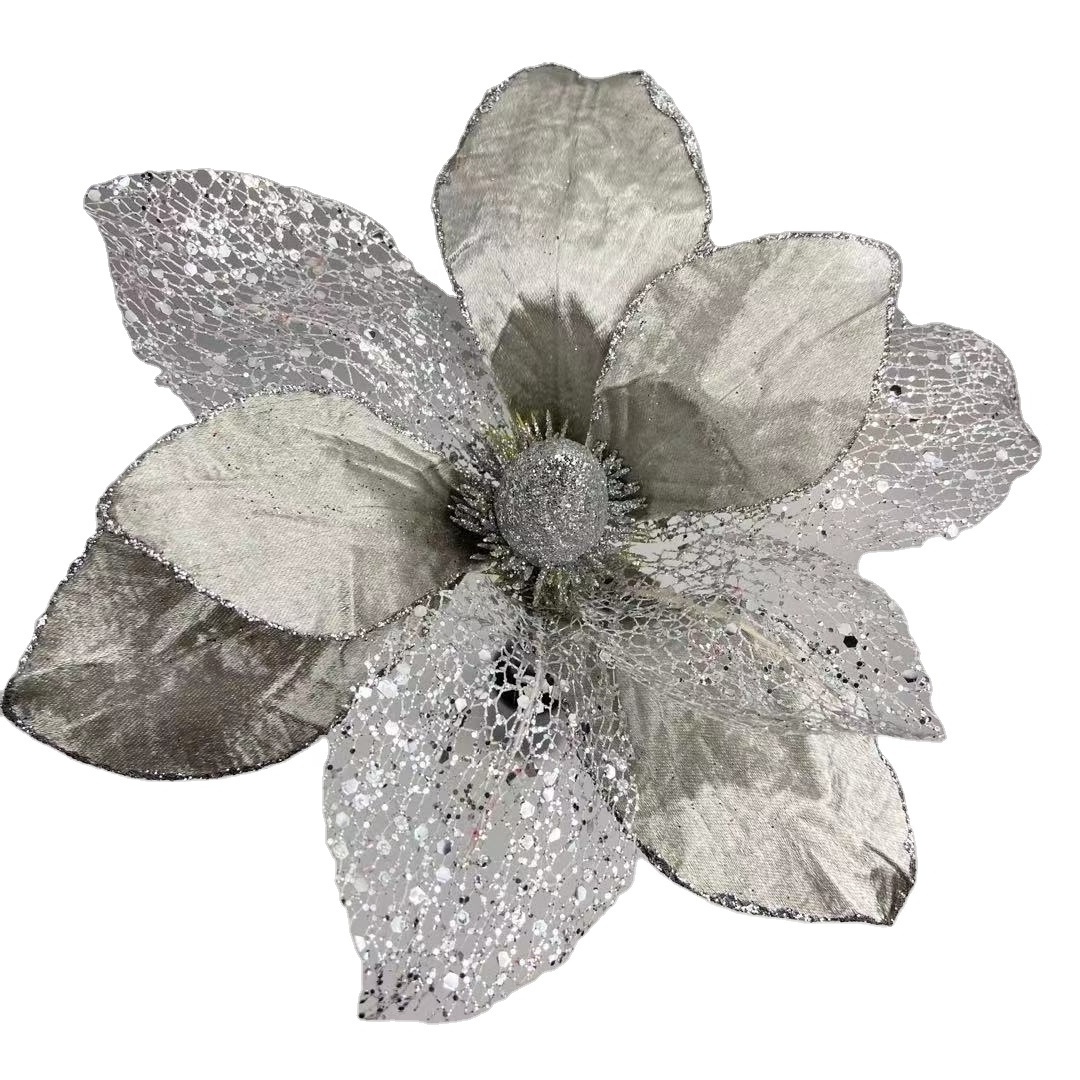 Silver artificial flower red glitter velvet magnolia flower christmas poinsettia floral picks