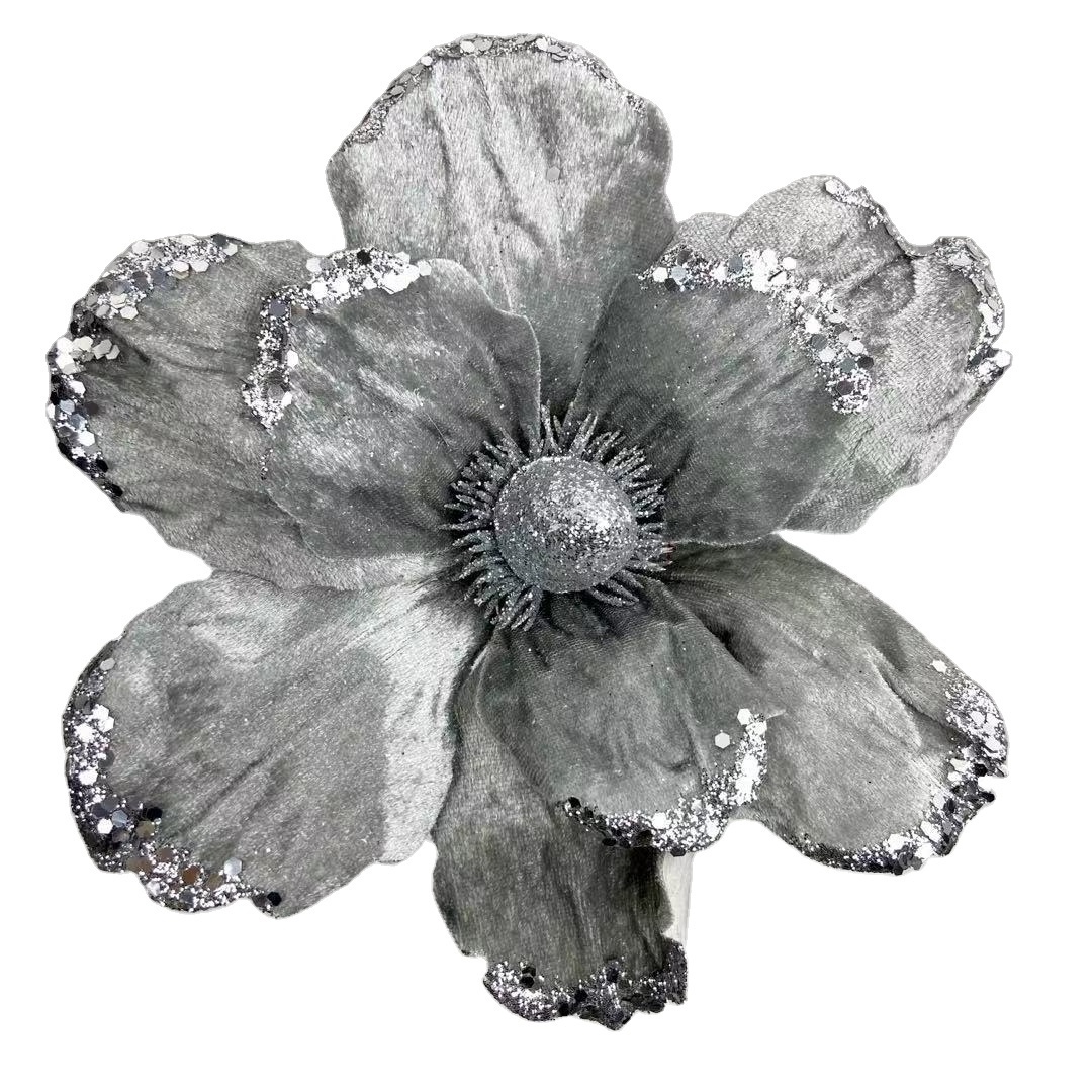 Silver artificial flower red glitter velvet magnolia flower christmas poinsettia floral picks