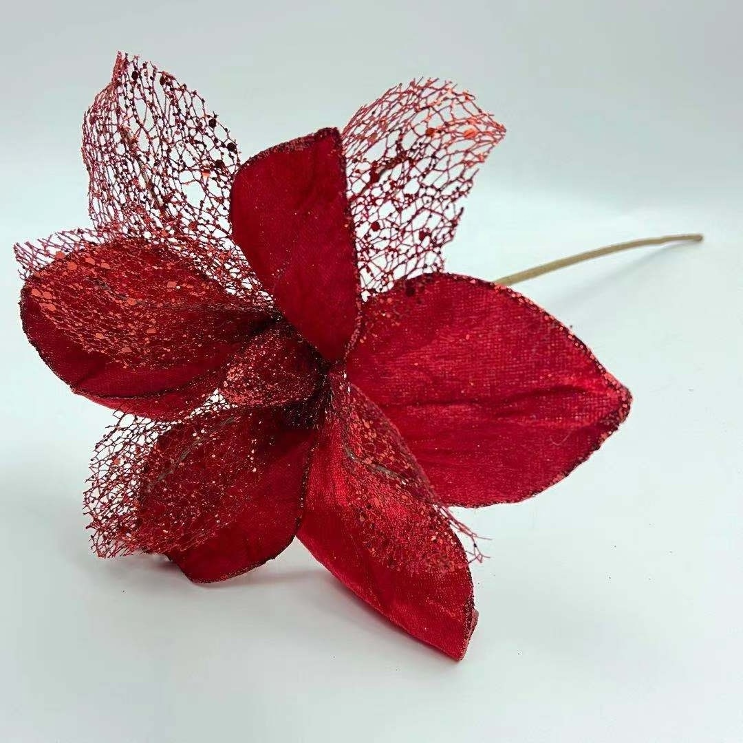 Silver artificial flower red glitter velvet magnolia flower christmas poinsettia floral picks