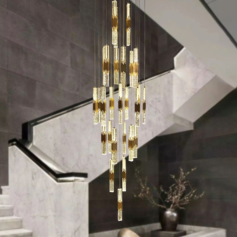 Modern Hotel Lobby Stairway K9 Luxury Crystal Chandelier Decoration Drop Light Black Long Stairwell Chandeliers Pendant Light