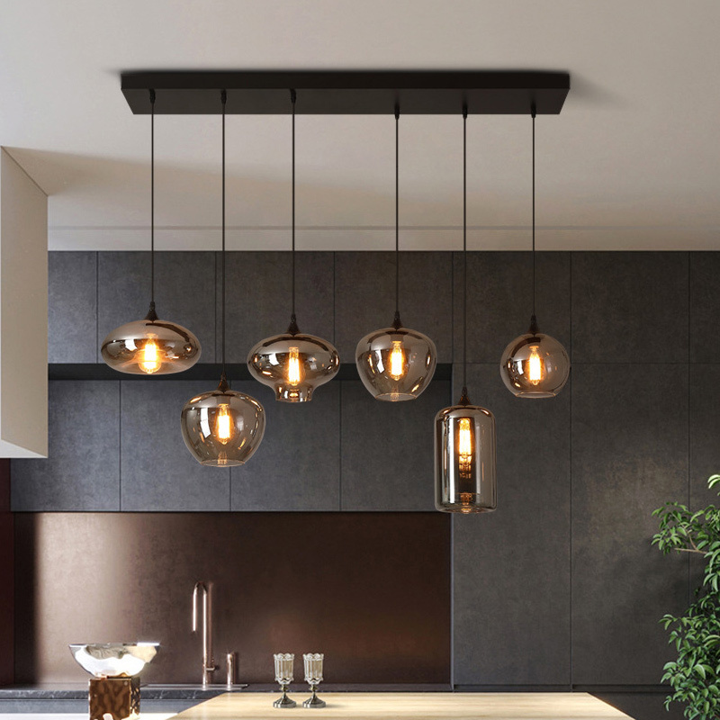 Nordic Smoke Grey Glass Dining Room Chandelier Lighting Modern Hanging Decoration Pendant Lights For Kitchen Island Pendant Lamp