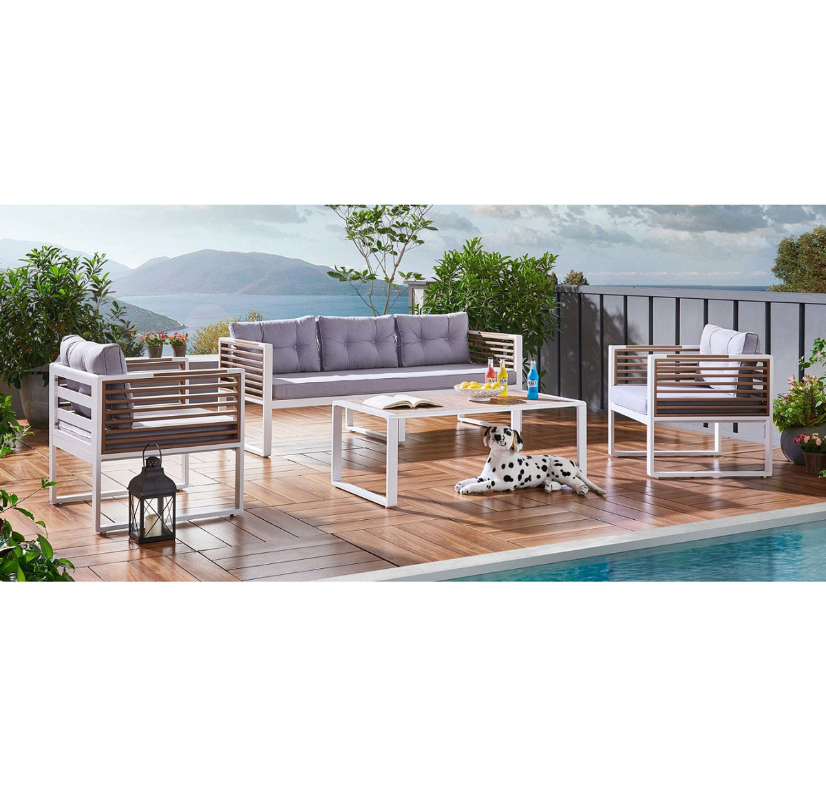 Luxury  patio relaxing curved rolled design teak wooden sofa set outdoor alum garden furniture