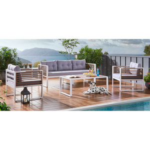 Luxury  patio relaxing curved rolled design teak wooden sofa set outdoor alum garden furniture