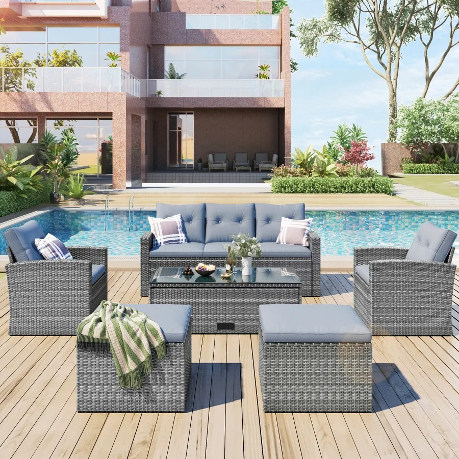 Wholesale price 6-piece Outdoor furniture waterproof hotel villa Rattan Wicker sectional Patio Garden Sofa Set