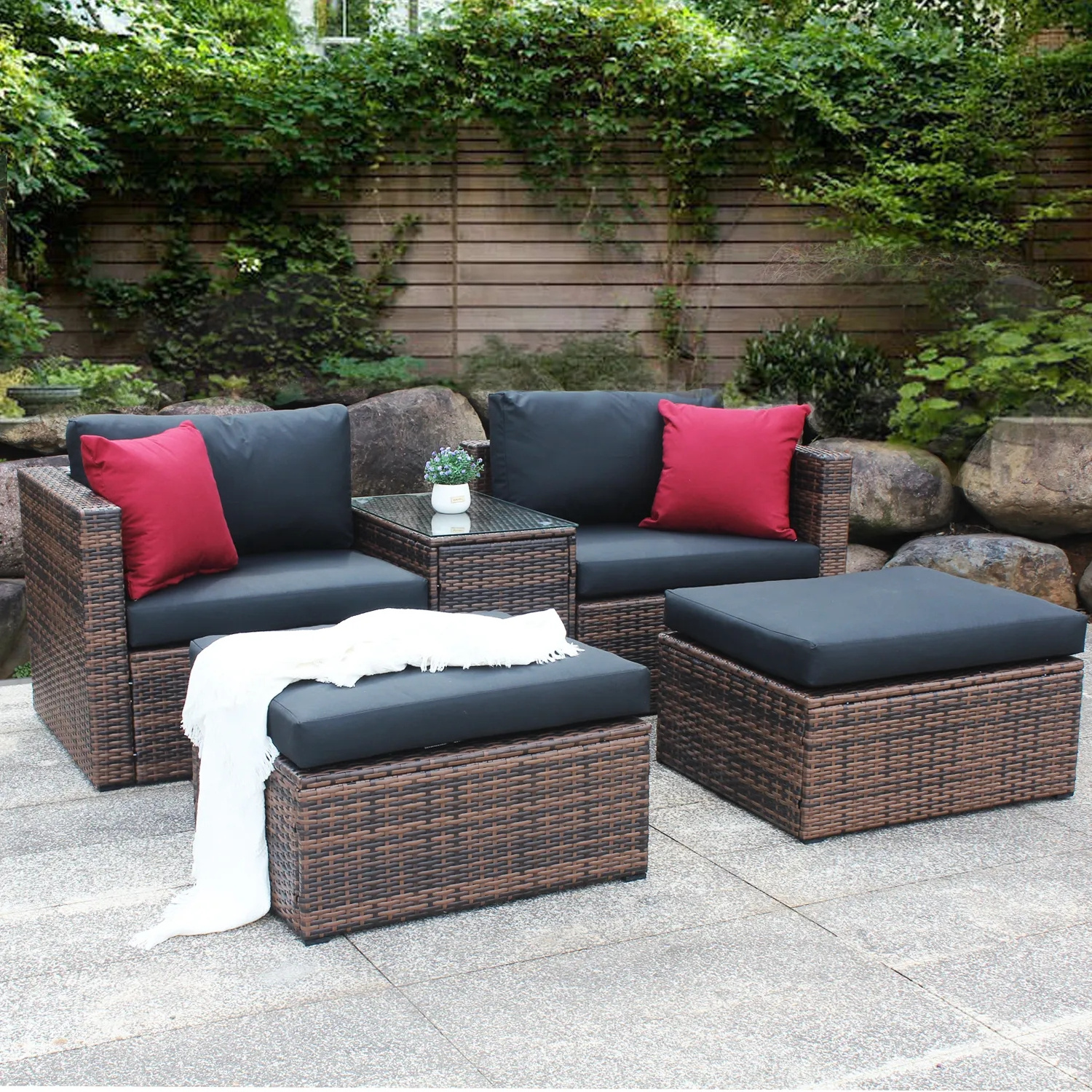 Rattan Sofa Set  With Sectional Ottoman Outdoor Patio Lounge Garden Set Rattan Outdoor Furniture Chair