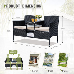 Patio Loveseat Outdoor Wicker Furniture Conversation Set with Soft Cushions & Built-in Coffee Table for Lawn Garden Backyard