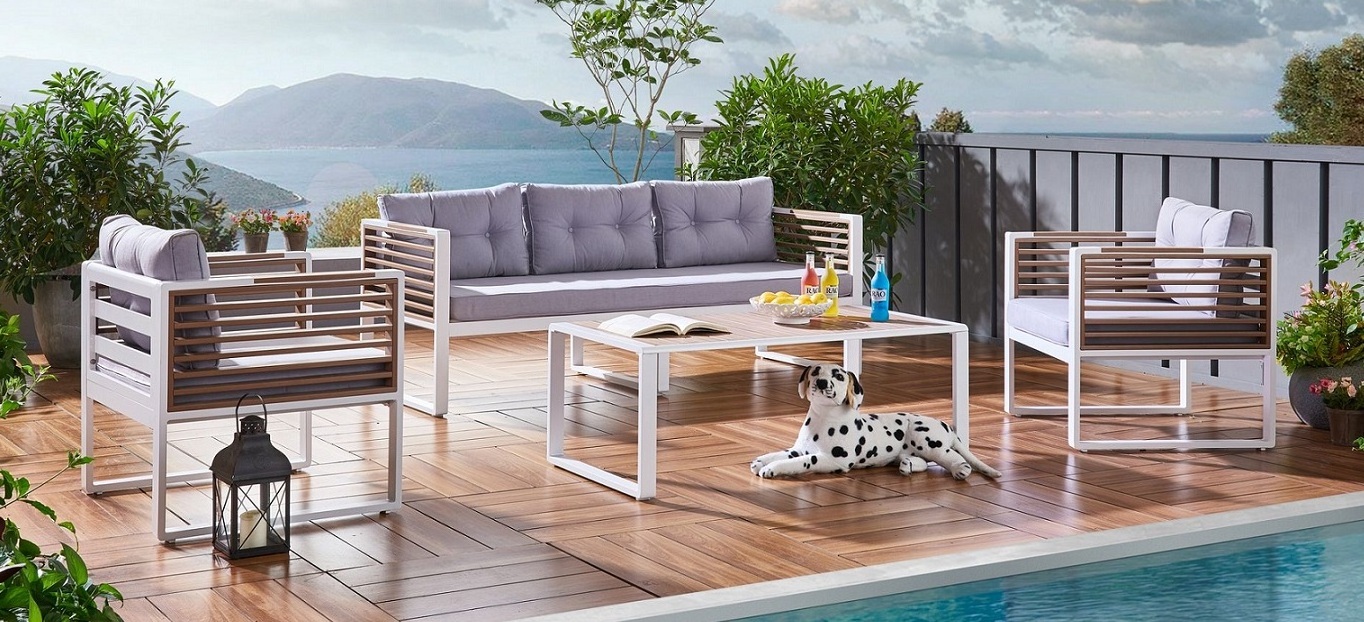 Luxury  patio relaxing curved rolled design teak wooden sofa set outdoor alum garden furniture