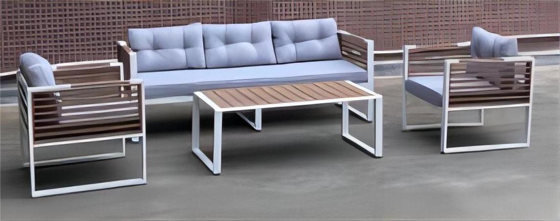 Luxury  patio relaxing curved rolled design teak wooden sofa set outdoor alum garden furniture