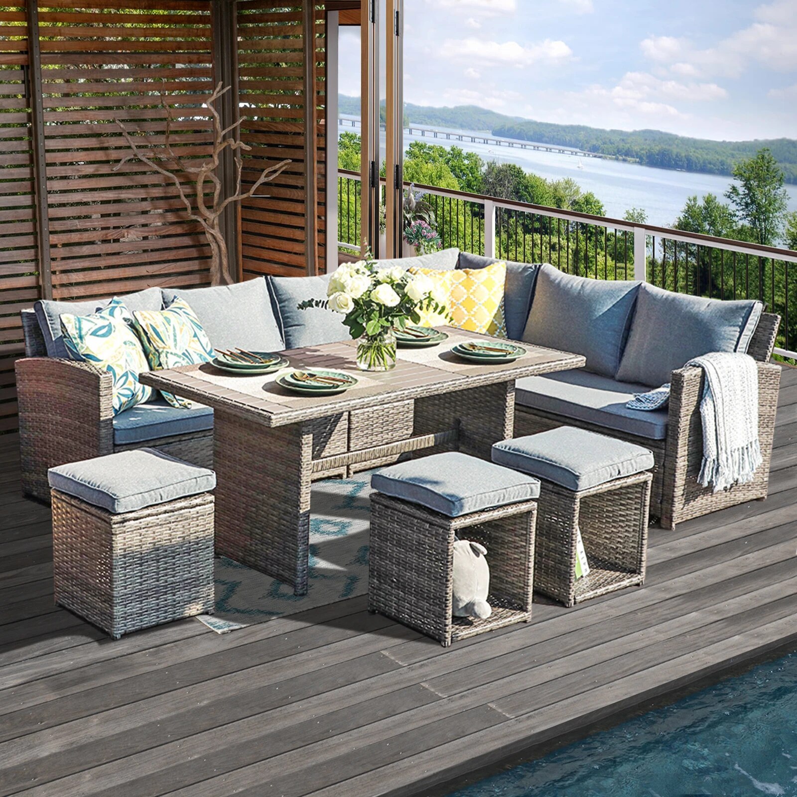 All-weather hotel restaurant PE wicker Patio Furniture Sofa Set garden dining table and chair set weave rattan furniture