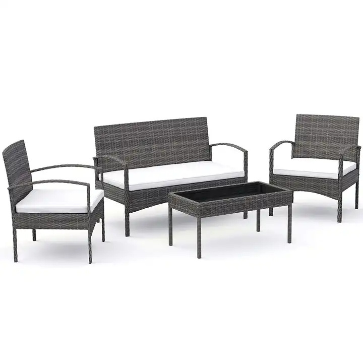 4-Piece Patio Rattan Furniture Set Outdoor Wicker Conversation with Padded Cushion Coffee Table Garden Simple Rattan Sofa Sets