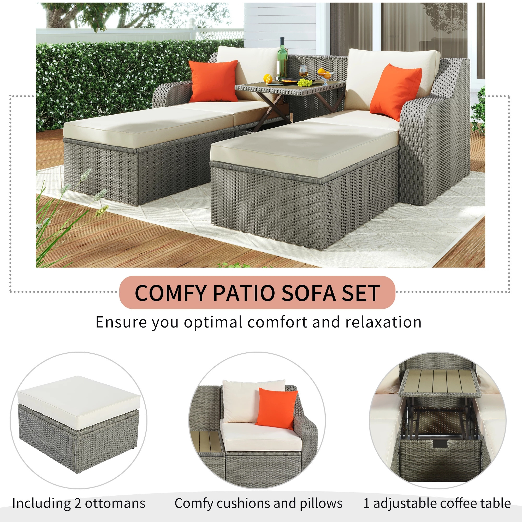 Rattan Sofa Set  With Sectional Ottoman Outdoor Patio Lounge Garden Set Rattan Outdoor Furniture Chair