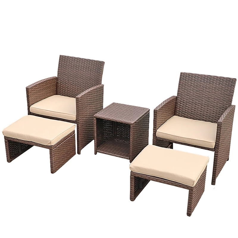 Outdoor Garden Rattan Patio Furniture Set with Beige Cushions, Brown Wicker Chair with Ottoman, Storage Table