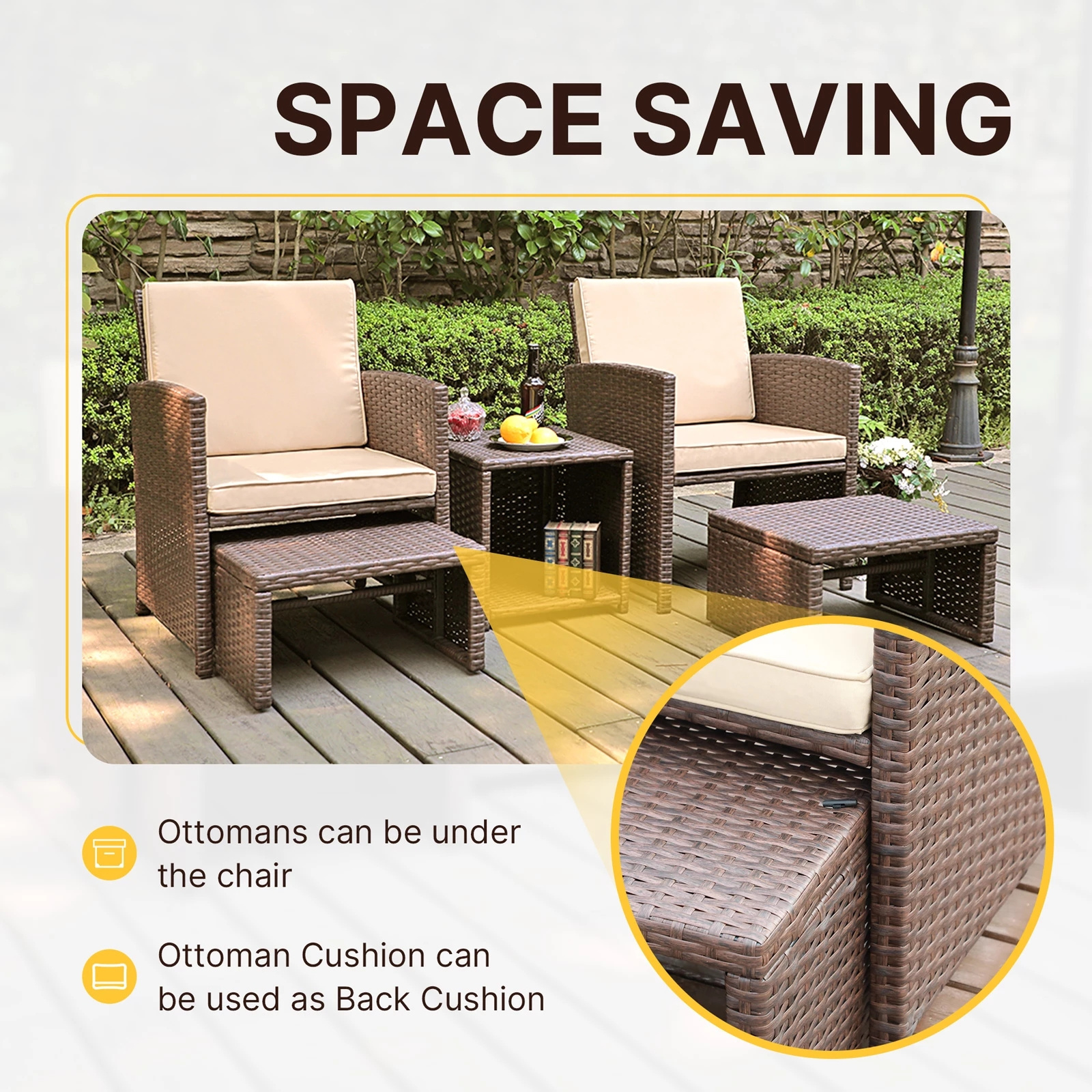 Outdoor Garden Rattan Patio Furniture Set with Beige Cushions, Brown Wicker Chair with Ottoman, Storage Table