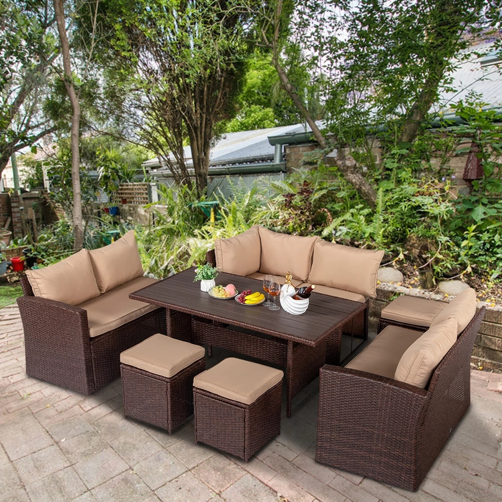 Outdoor Wicker Sectional Sofa Set with Dining Table and Chairs Set Garden Furniture Sets Sillas De Patio Exterior