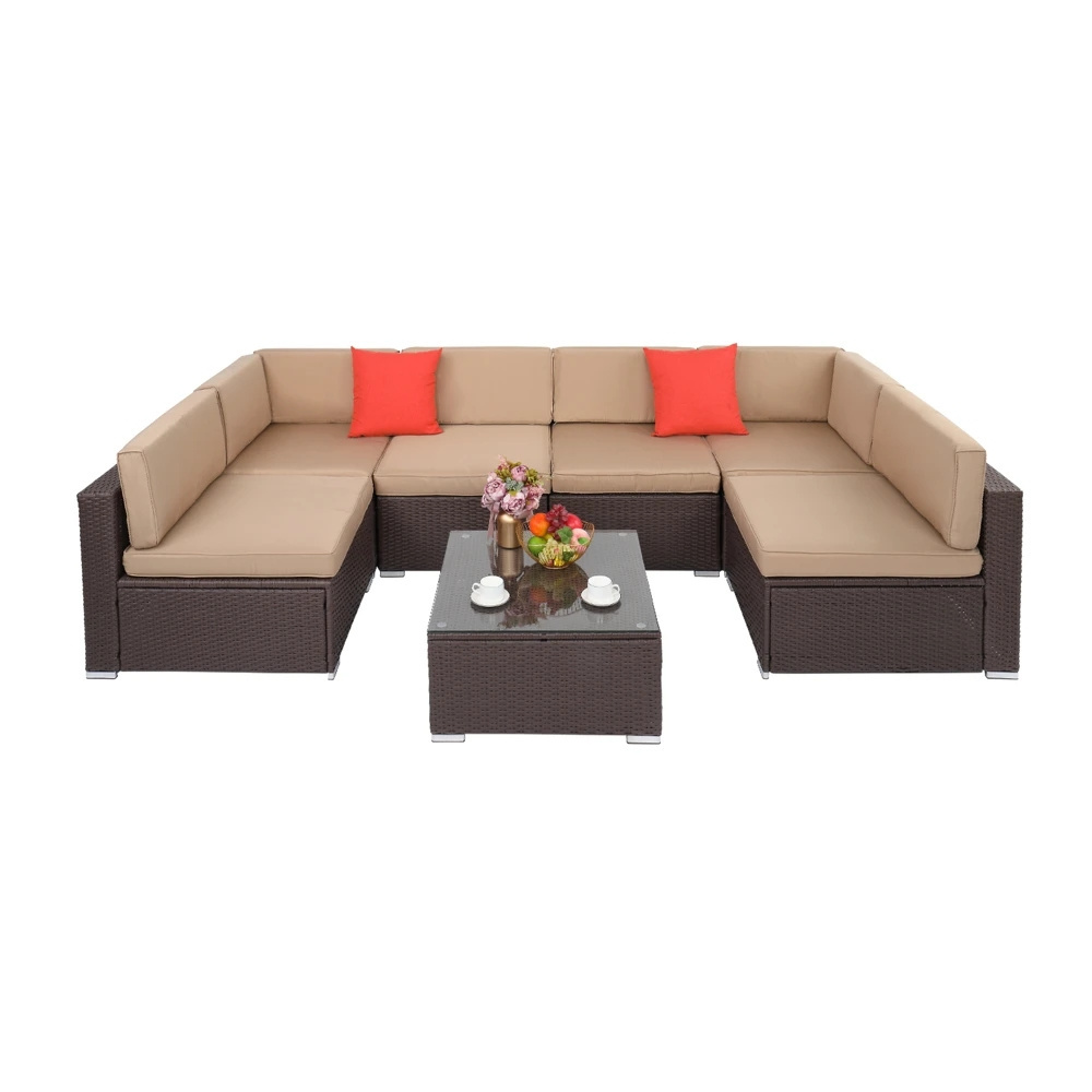 Patio Furniture Set PE Rattan Sectional Garden Furniture Corner Sofa Set 7 Pieces Beige Home Garden Outdoor Patio Furniture