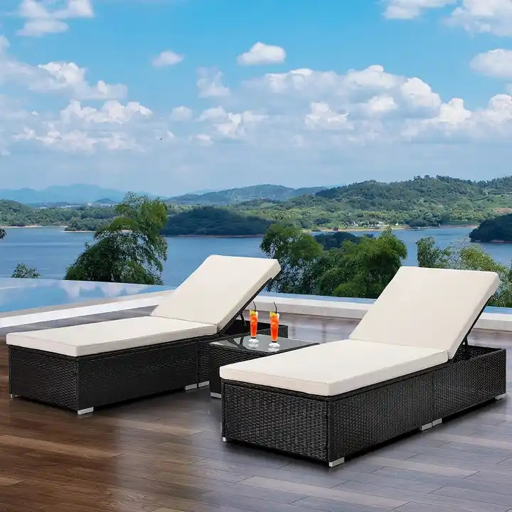 Wholesale outdoor PE wicker chaise lounge beach sunbed with comfortable cushions