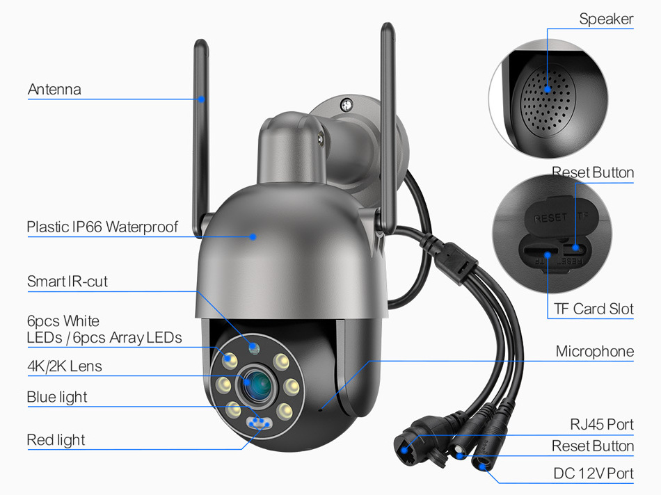 2022 New Design IP Camera 4K Wifi PTZ Camera 2K Outdoor Waterproof AI Auto Human Tracking