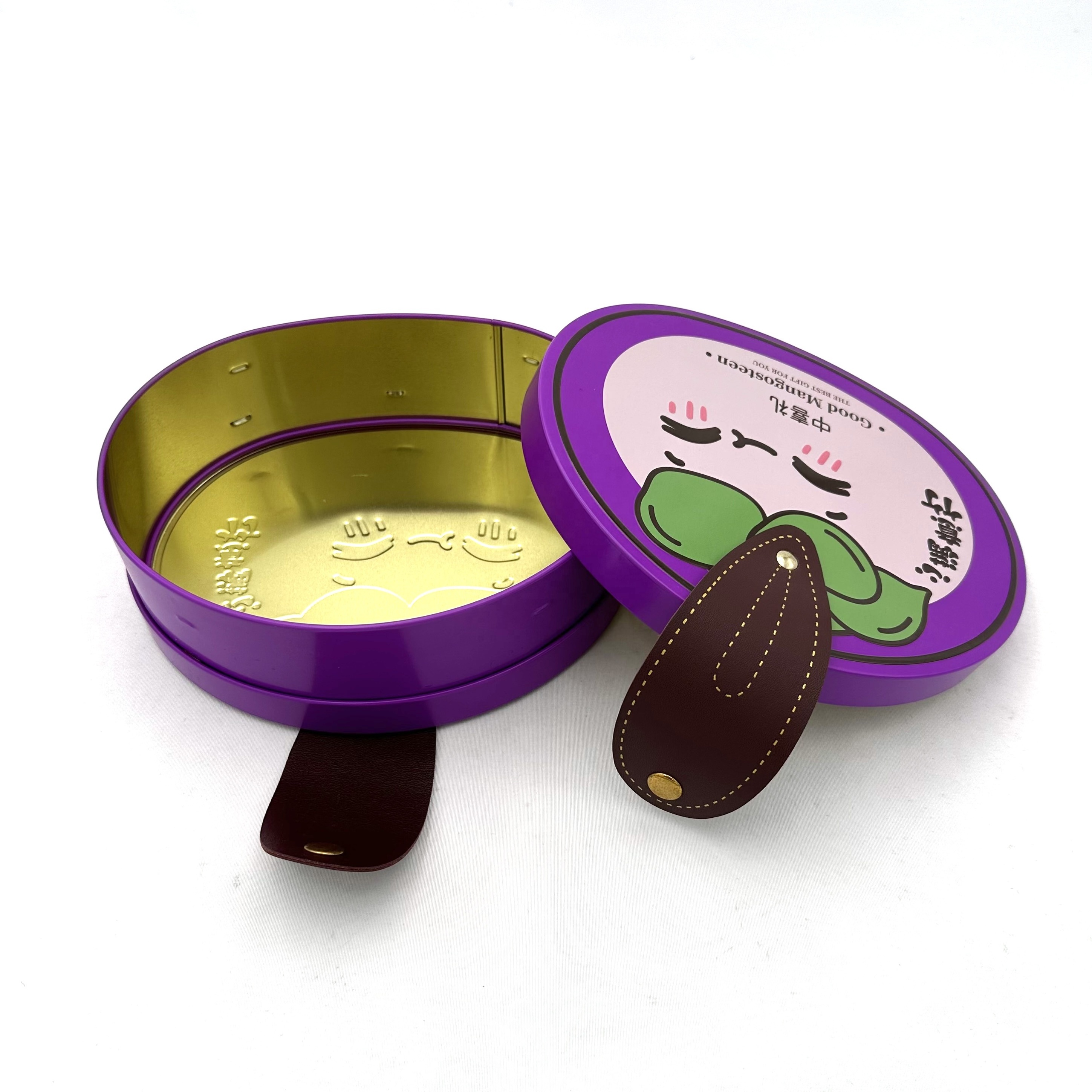 Hot selling cute tomato shaped metal tin box wholesale candy gift packaging tin box with leather hand in hand suitcase