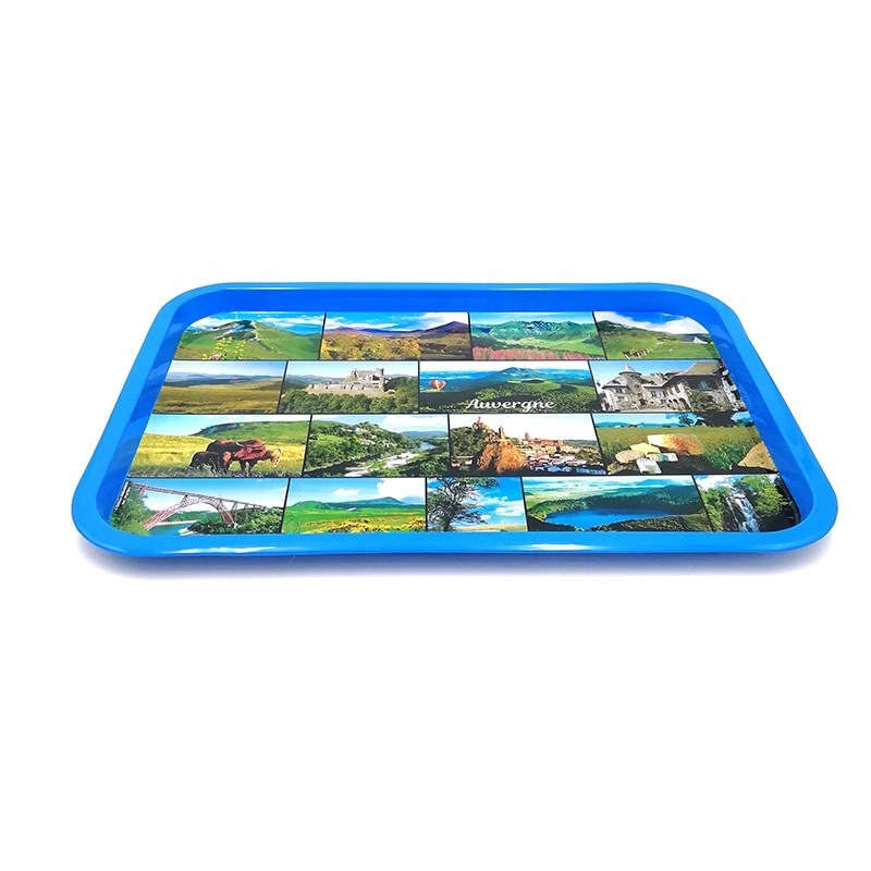 Wholesale rectangular anti-slip custom printed food metal serving tray tin rolling tray for decoration