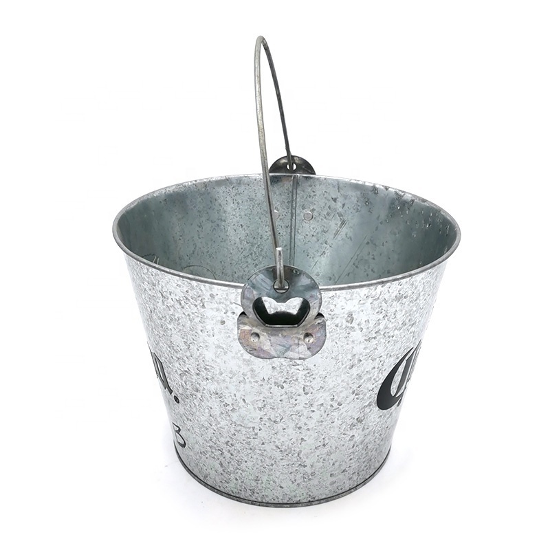 Outdoor Round 5L Beer Wine Champagne Galvanized Iron Metal Ice Bucket With Bottle Opener and embossment