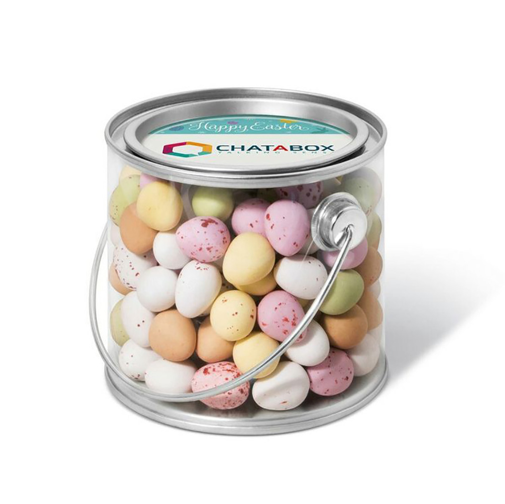 Custom round clear PET PVC plastic paint transparent tin can candy chocolate jar food container with handle