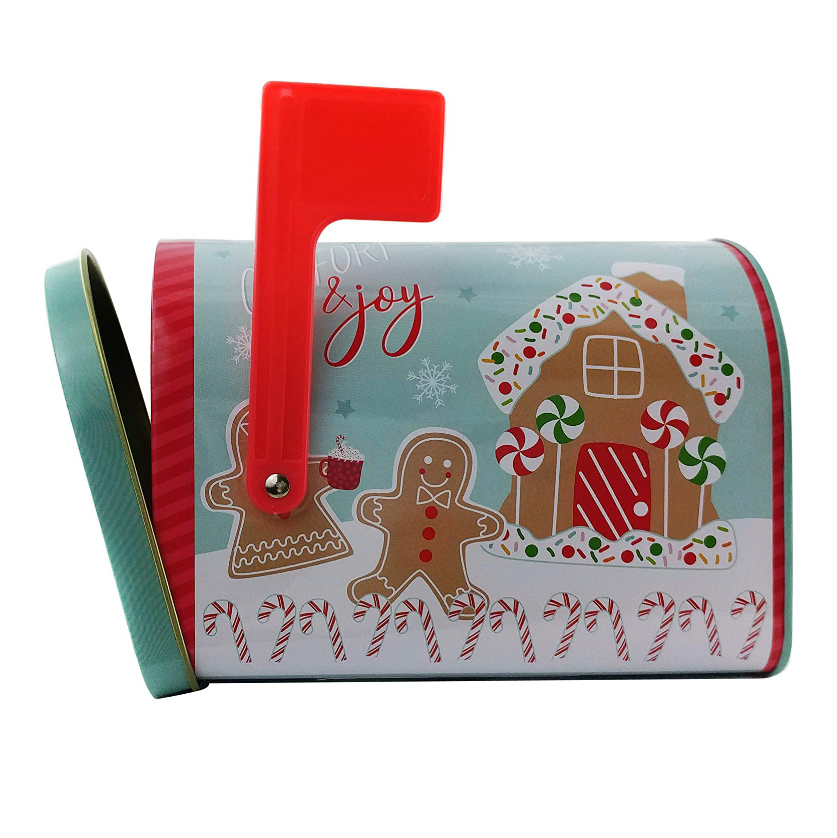 Wholesale Factory Custom Printing Metal Christmas Gift Tin Mailboxes For Cookie Candy Biscuits Storage With Hinged And Red Flag