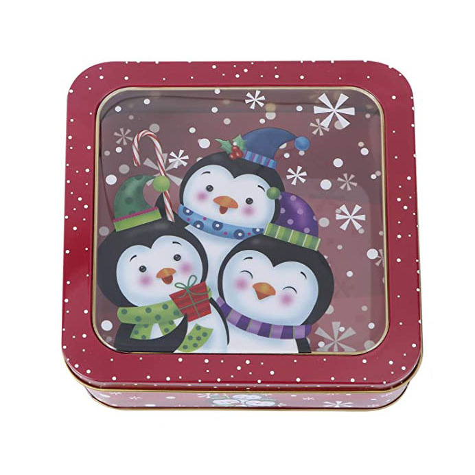 Wholesale free sample square tin can for candies Christmas cookie tin with pvc window lid