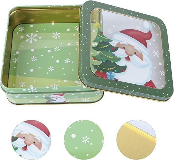 Wholesale free sample square tin can for candies Christmas cookie tin with pvc window lid