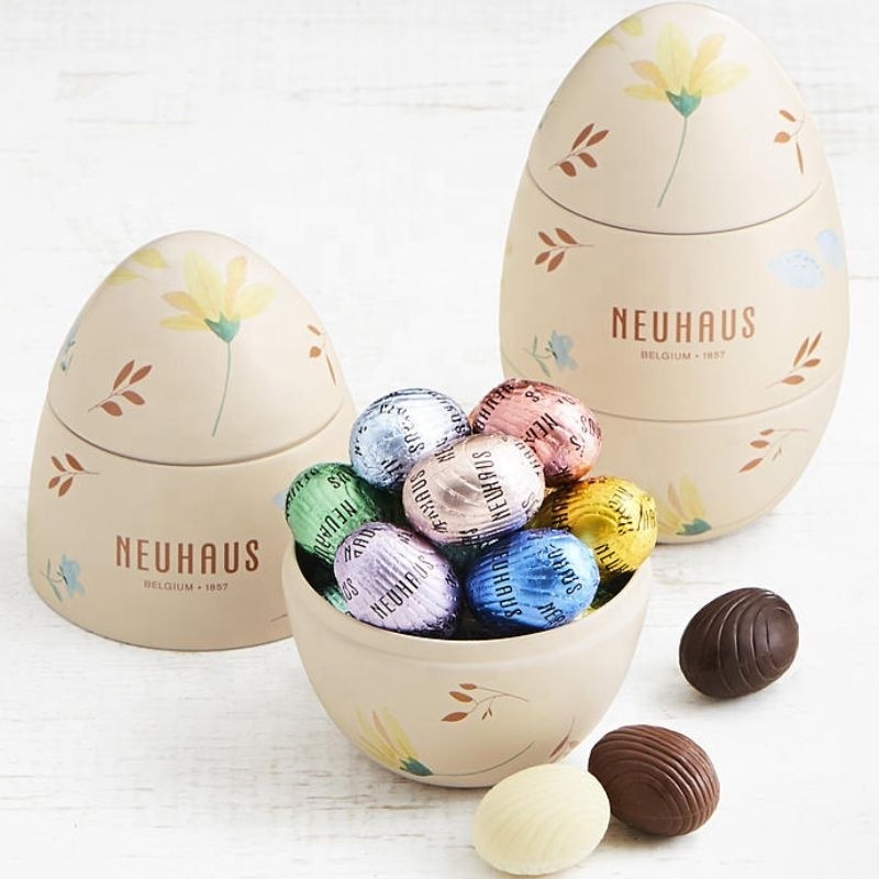 Custom print three layers egg shaped tin box for gift Easter chocolate beans packing Easter egg tin box