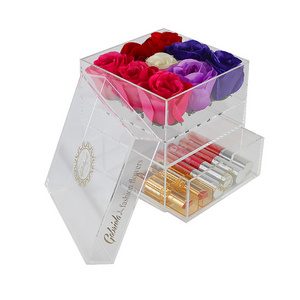 wholesale custom cube crystal clear acrylic flowers box, flower shop display rack, 9 spaces rose flower display box