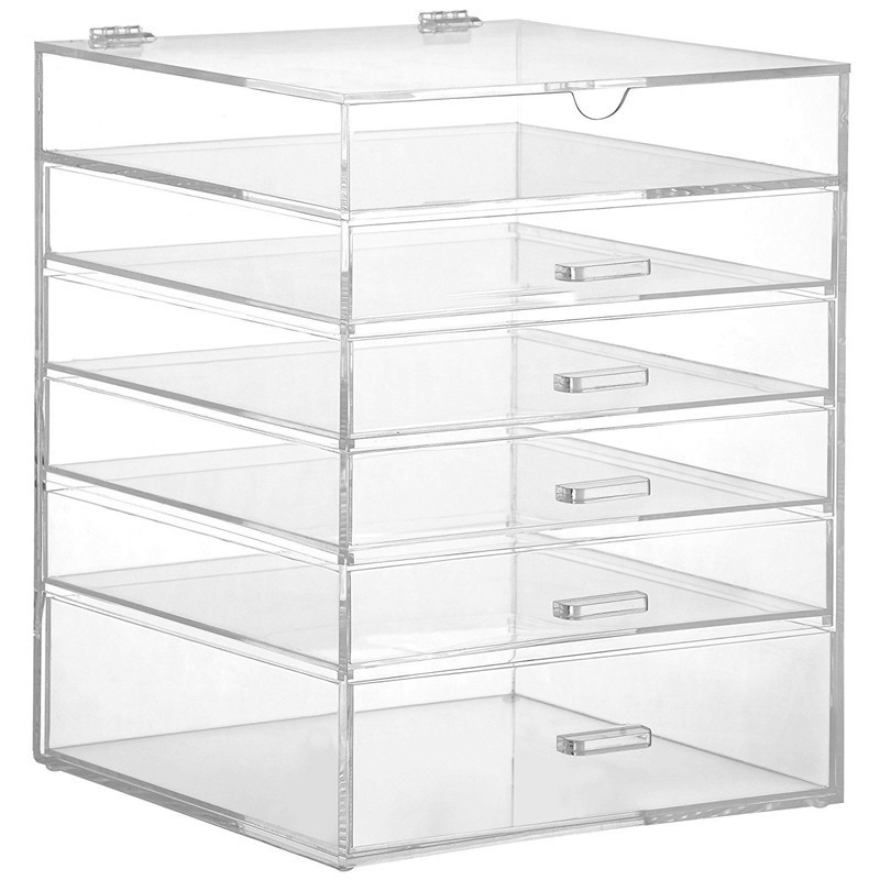 Top Seller Hinged Lid Clear Acrylic Cosmetic Cube Organizer Drawer/Large 6 Tier 5 Drawers Acrylic Makeup Storage Box