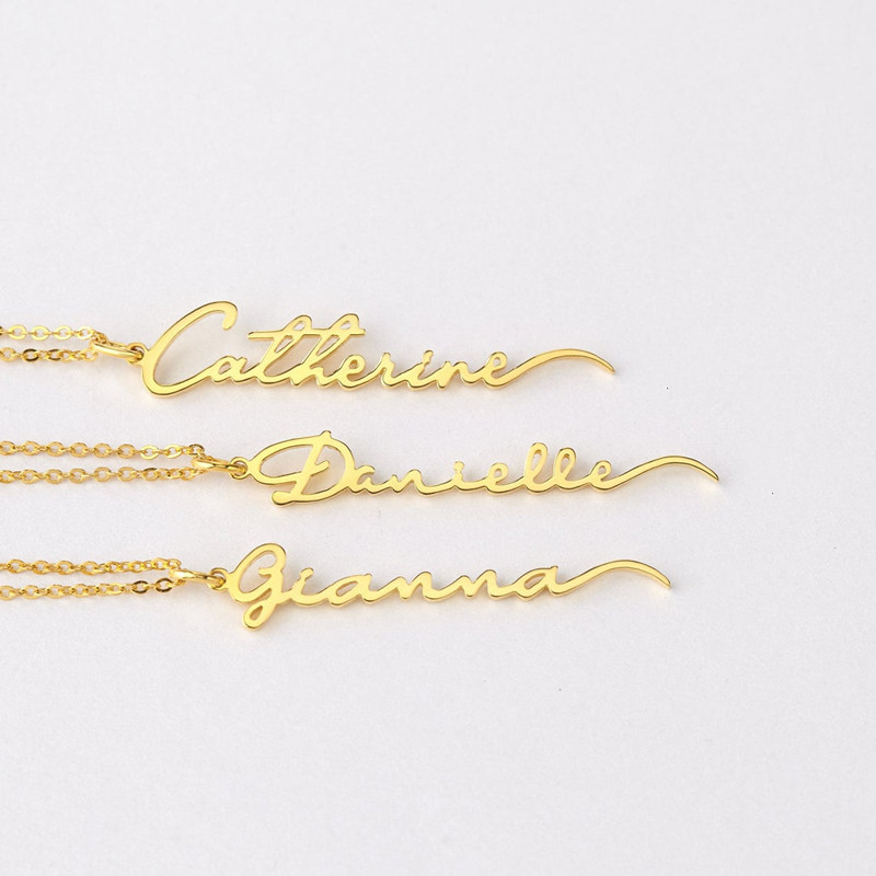 Stainless Steel Customized signature vertical name necklace Jewelry vacuum Gold plating Custom NamePlate Necklace