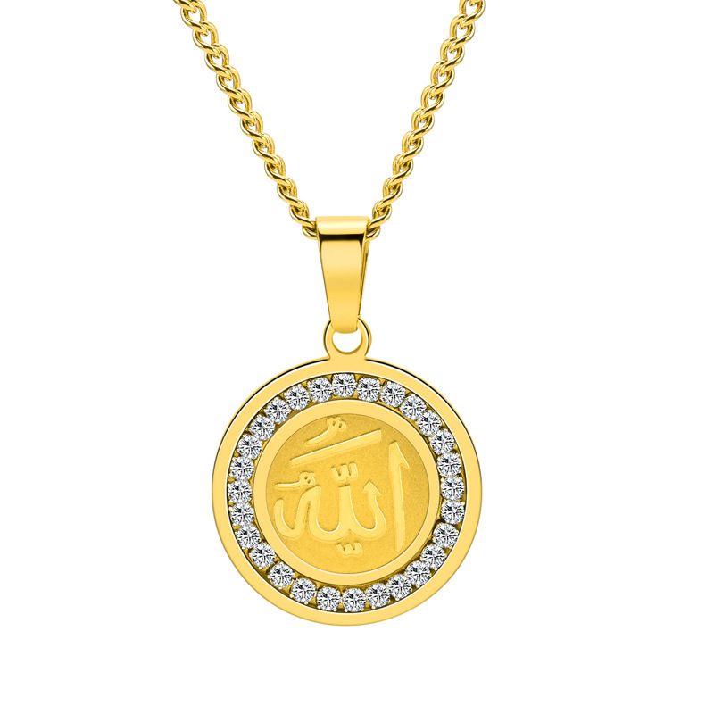 Muslim Jewelry Rhinestone Allah Pendant Necklace Crystal Diamond Stainless Steel Luxury Custom Logo Gold Cuban Link Chain Round