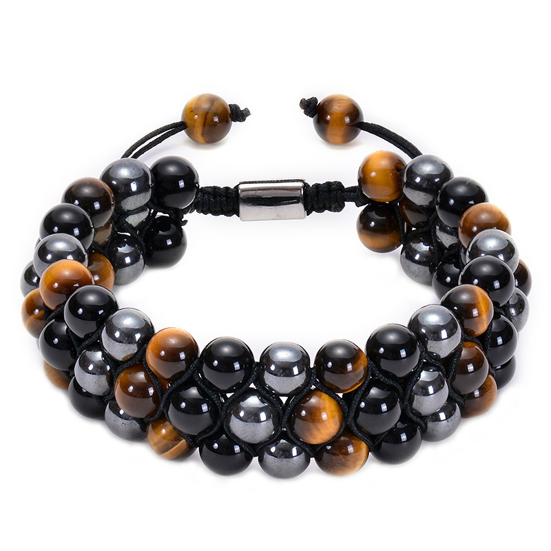 Handmade Triple Protection Bracelet Adjustable Natural Stone Bead Double Layer Black Onyx Hematite Tiger Eye Bracelet for Men