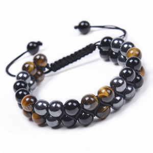 Handmade Triple Protection Bracelet Adjustable Natural Stone Bead Double Layer Black Onyx Hematite Tiger Eye Bracelet for Men