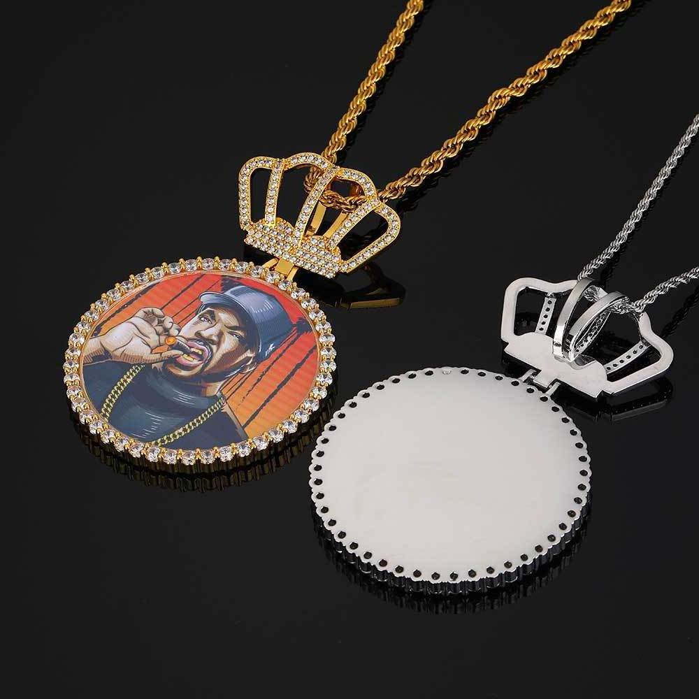 DY Hip Hop Jewelry Crown 2.76 Inch Large Circular Photo Pendant Necklace Customized Zircon Pendant for Men