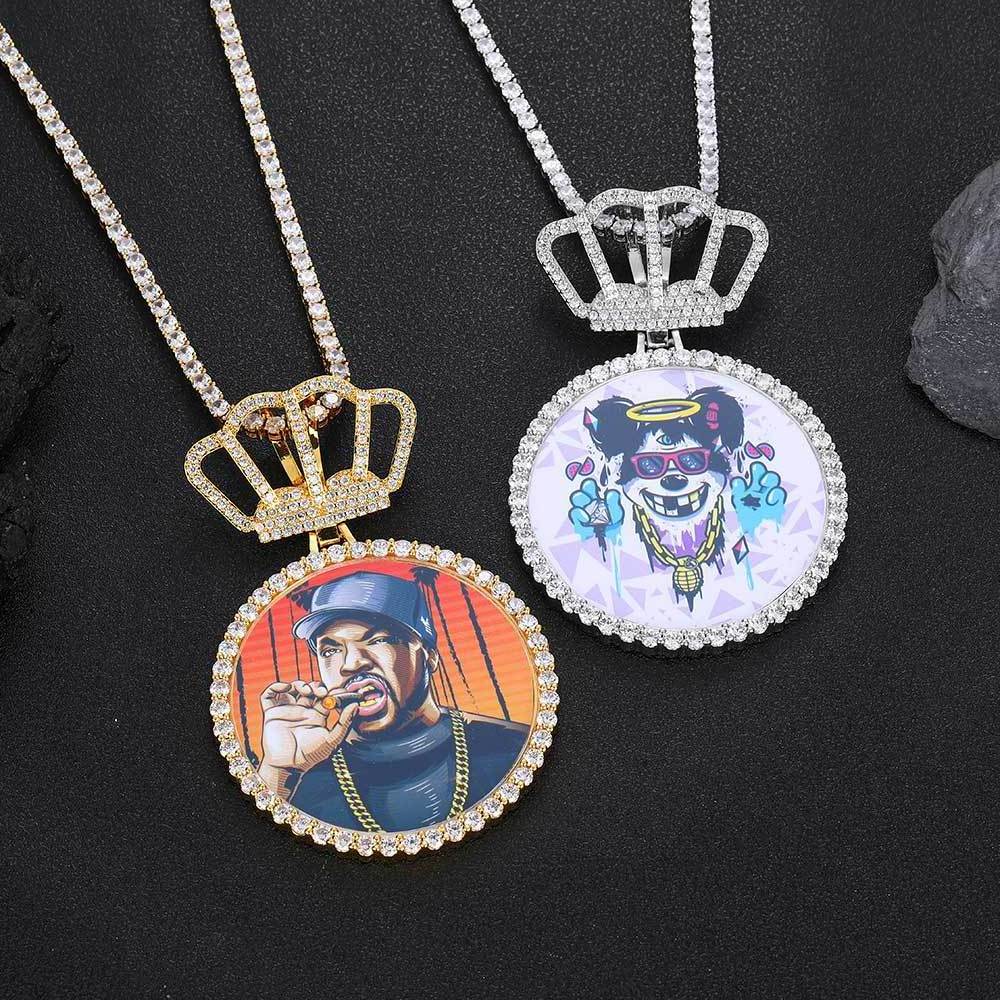 DY Hip Hop Jewelry Crown 2.76 Inch Large Circular Photo Pendant Necklace Customized Zircon Pendant for Men