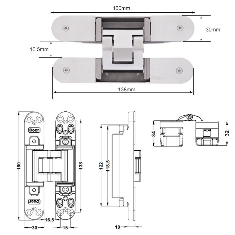 Professional Concealed Door Application Silver 180 Degree Three Direction Adjustable Concealed Door Hinge/ Invisible Door Hinge