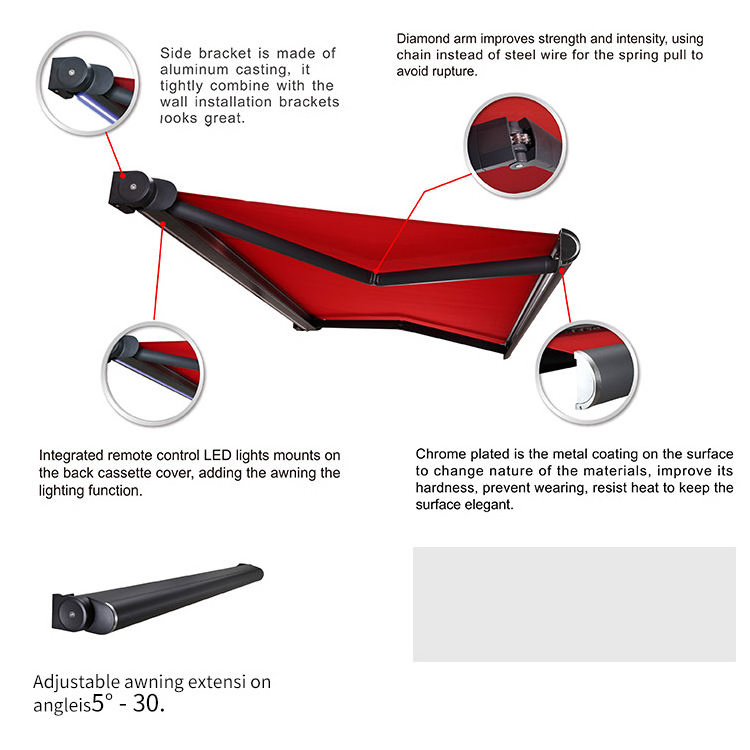 High Strength Custom Size Aluminium Alloy motorized awning Waterproof Retractable Full Cassette Awning and Canopies