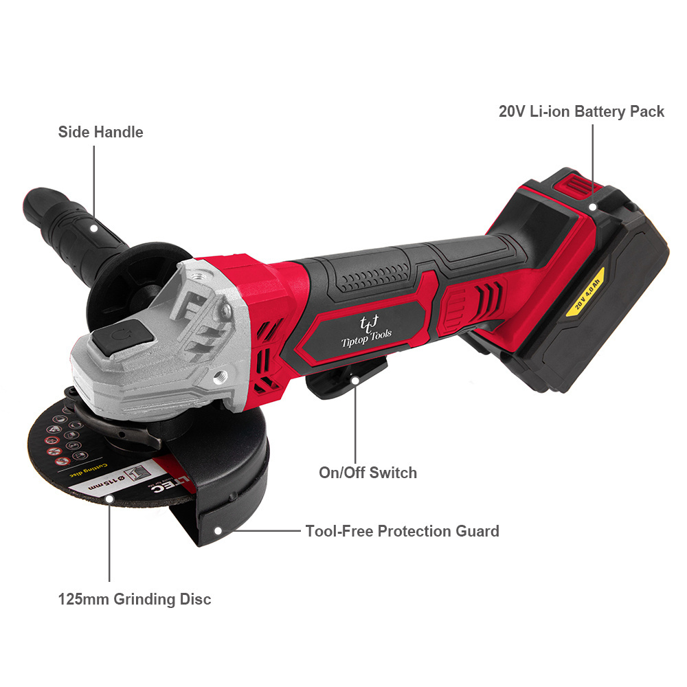 CE EMC Approved Electric 18v 20v Li-ion Battery Power Tool Rechargeable Handheld Slide Switch 125mm Cordless Angle Grinder