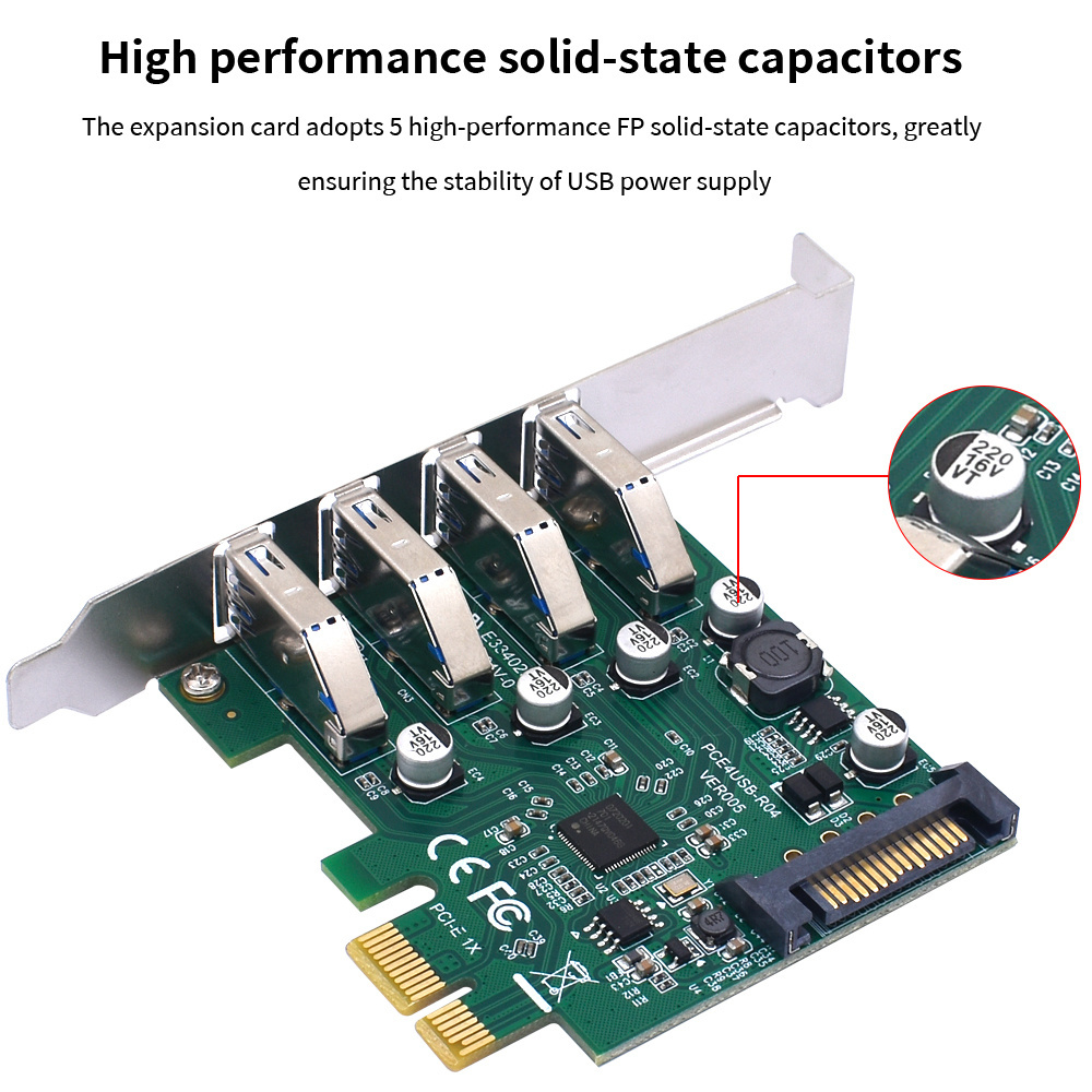 TISHRIC PCI-E 1X 4X 16X Controller Add One Cards 5Gbps PCIE 1X To USB3.2 Expansion Card PCI-E 4 Ports USB3.2 Adapter Multiplier