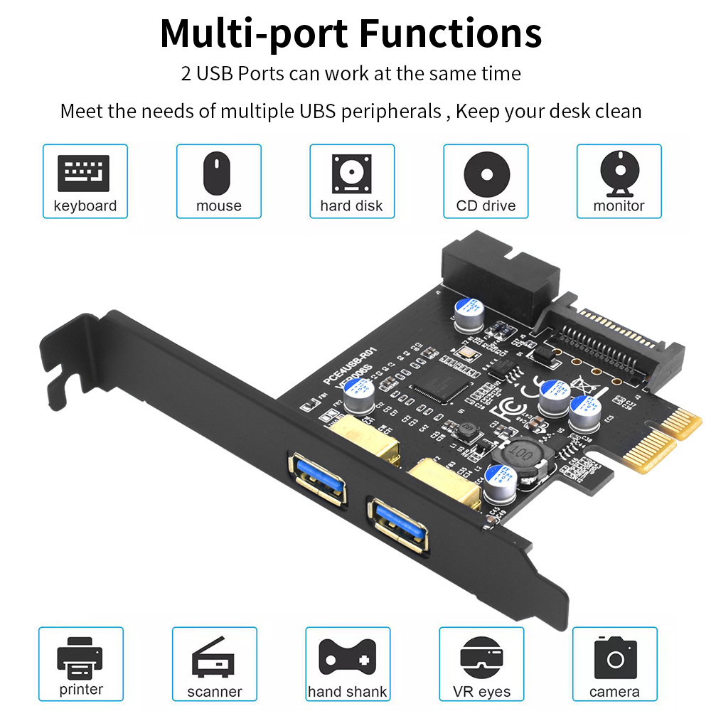 TISHRIC PCI-E 1X To 2 Ports USB3.2 Gen1 19Pin Multiplier PCI E Controller Add On Cards 5Gbps PCIE USB3.2 Adapter Expansion Card