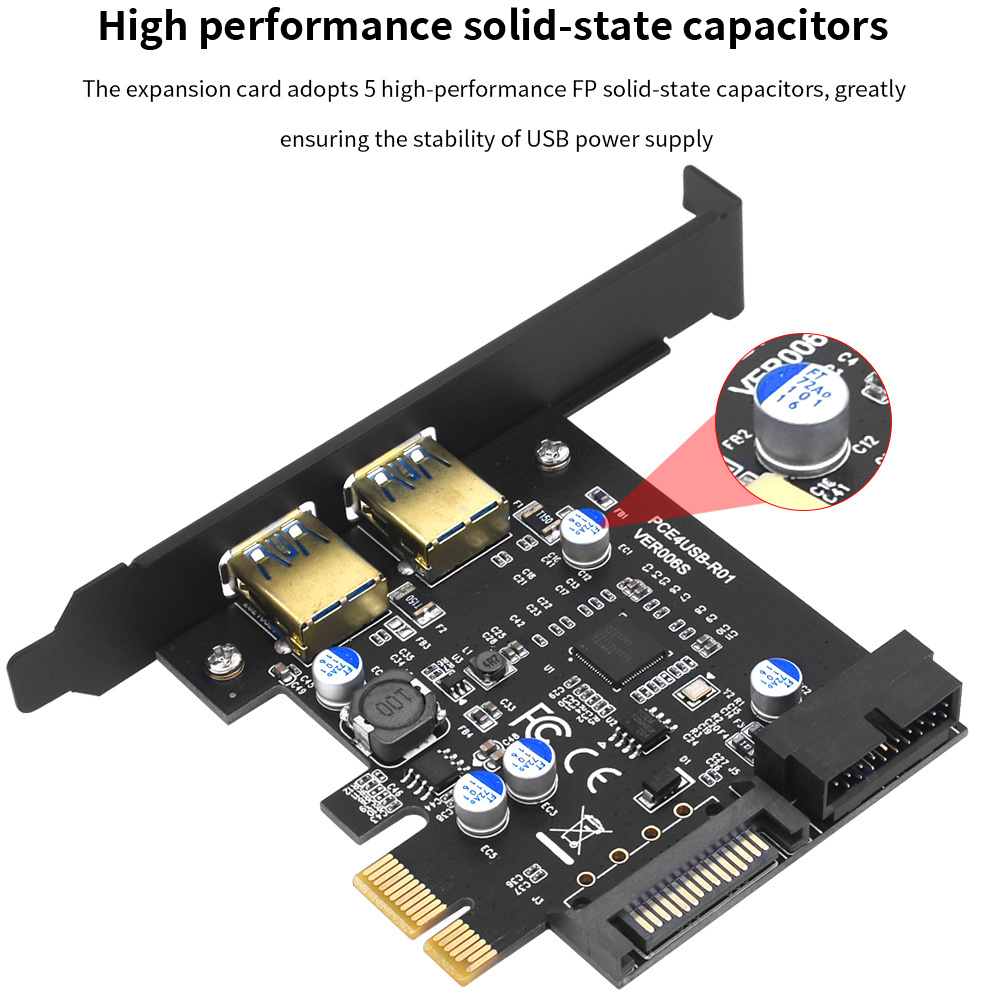 TISHRIC PCI-E 1X To 2 Ports USB3.2 Gen1 19Pin Multiplier PCI E Controller Add On Cards 5Gbps PCIE USB3.2 Adapter Expansion Card