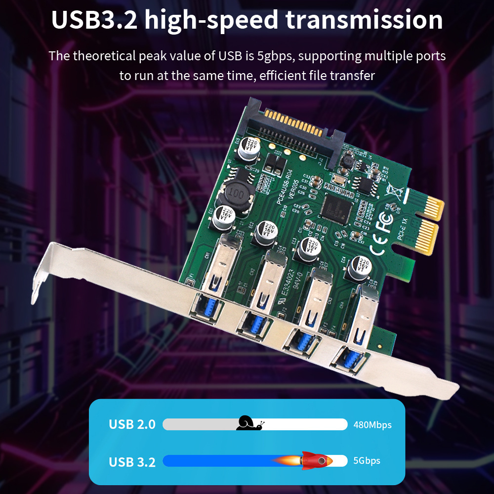 TISHRIC PCI-E 1X 4X 16X Controller Add One Cards 5Gbps PCIE 1X To USB3.2 Expansion Card PCI-E 4 Ports USB3.2 Adapter Multiplier